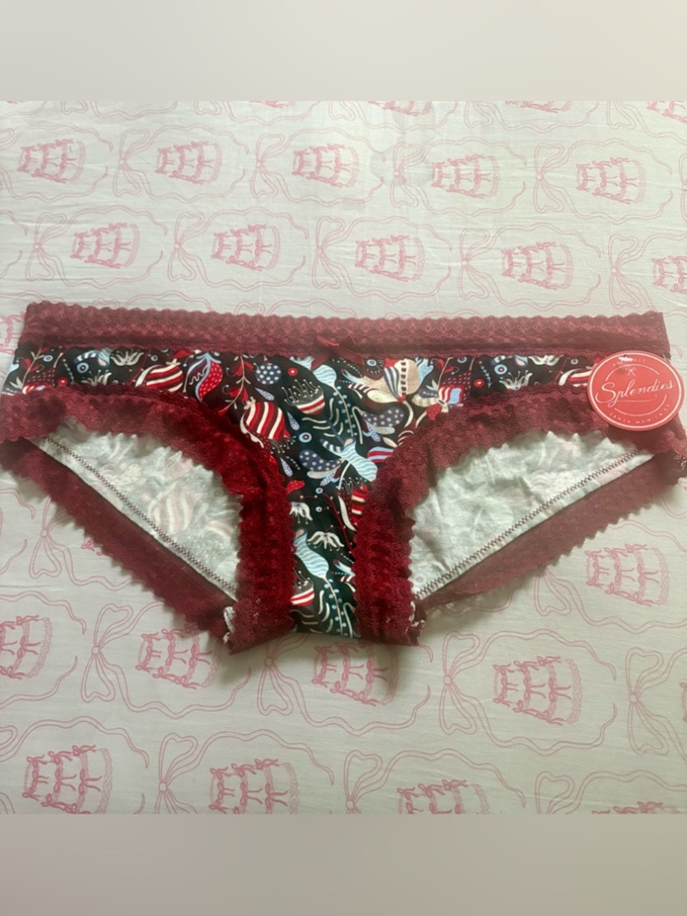 Splendid Burgundy Trim Floral & Flag Pattern Bikini Panty
